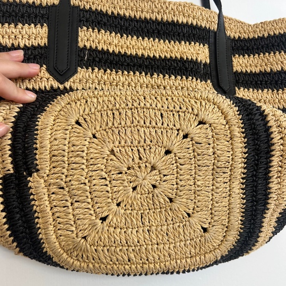 J. CREW Straw Black Striped Tote Shoulder Bag with Leather Strap - Picture 2 of 5